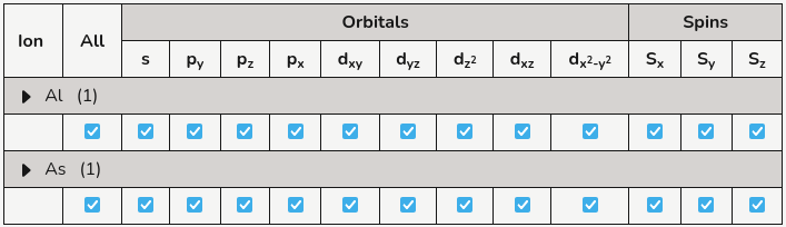 Screenshot of the filter table with atoms categorized by species, including spin columns